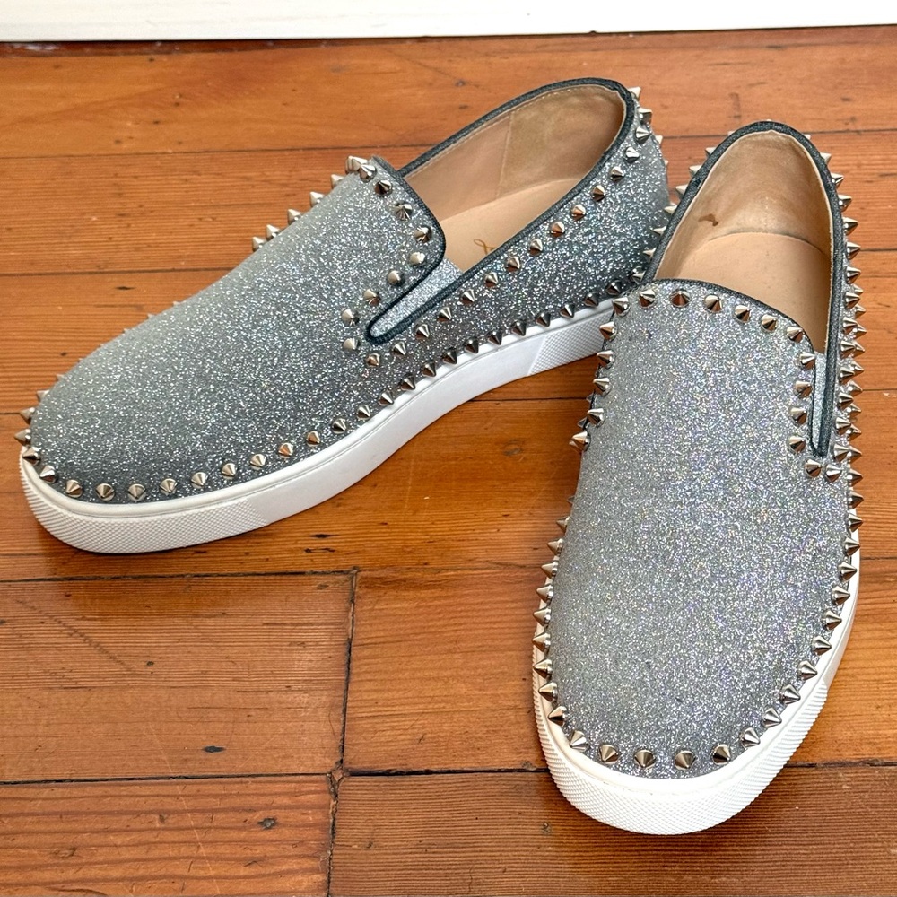 Louboutin! Gorgeous Silver Studded “Pik Boat” Shoes Sneakers Slip-ons - Sz 38